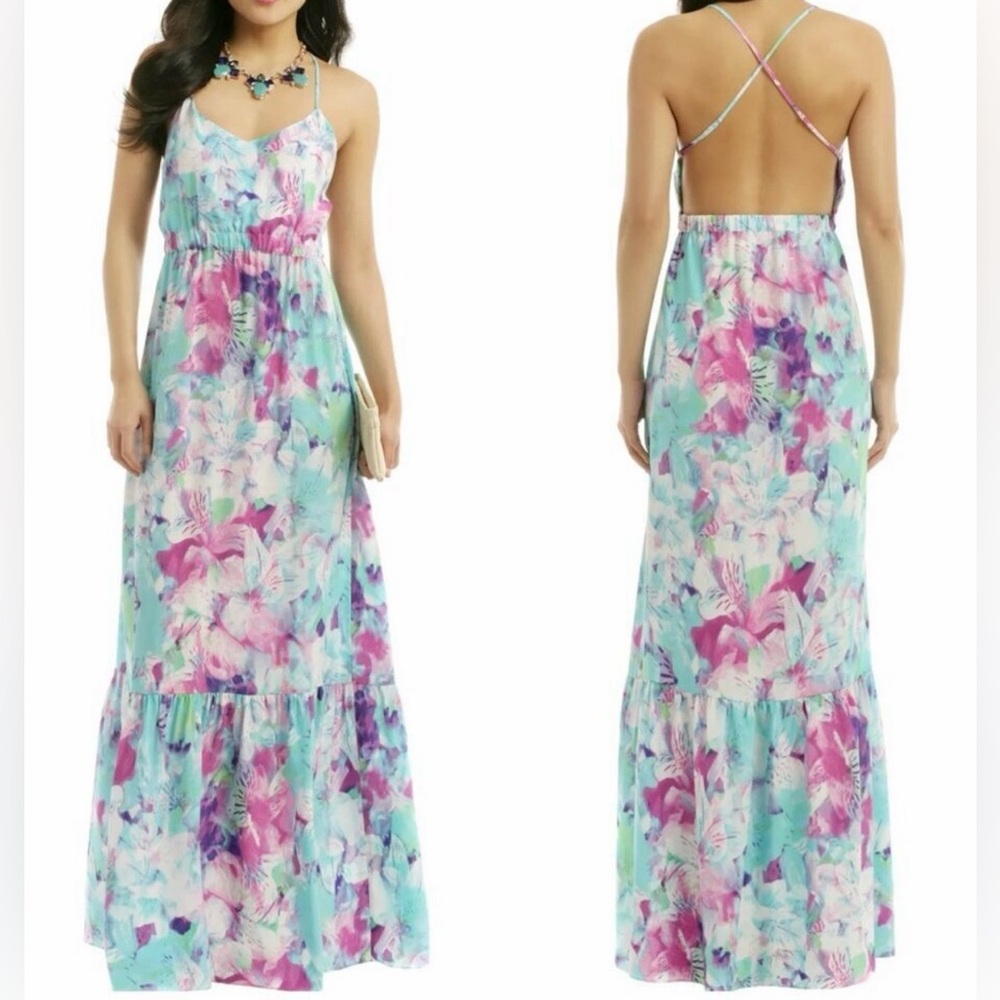 PARKER Aloha Ruffle Multi Color Strappy Back Floral Silk Maxi Dress size XS